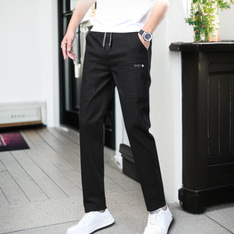 남자 여름 캐주얼 팬츠 작은 일자 아이스 원단 고탄력 팬츠 디자인 남자 데님라이크 6포켓 밴딩 허리 얇은 캐주얼 팬츠