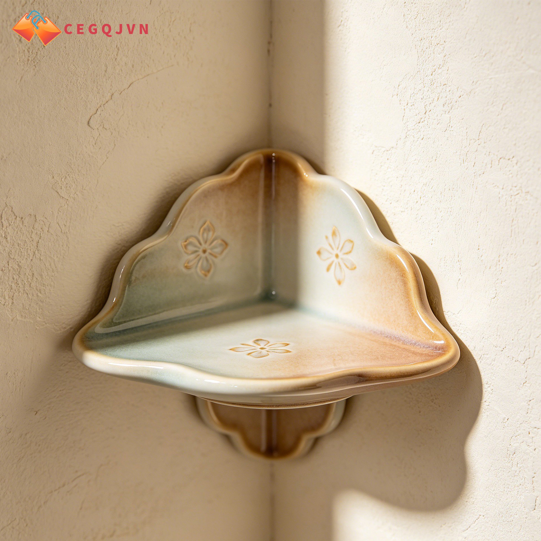 Set of 2 corner shelves mounted on a living room wall