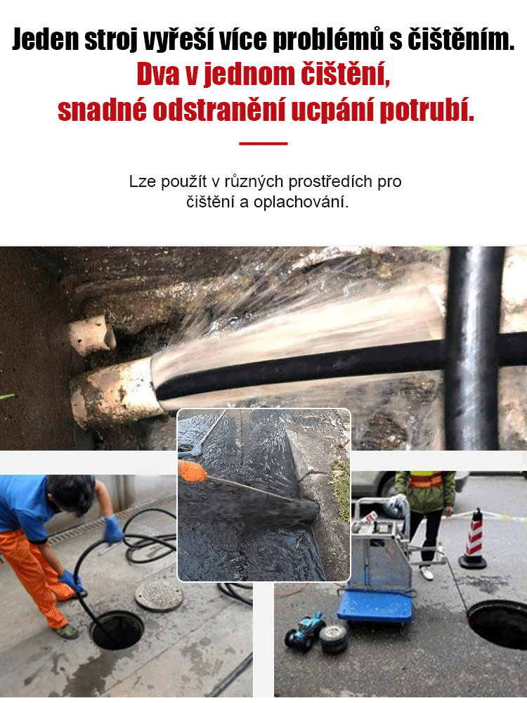 Sada pro čištění a uvolnění vysokotlakým potrubím s tryskou „Jedním stiskem čisté“ vodní krysy