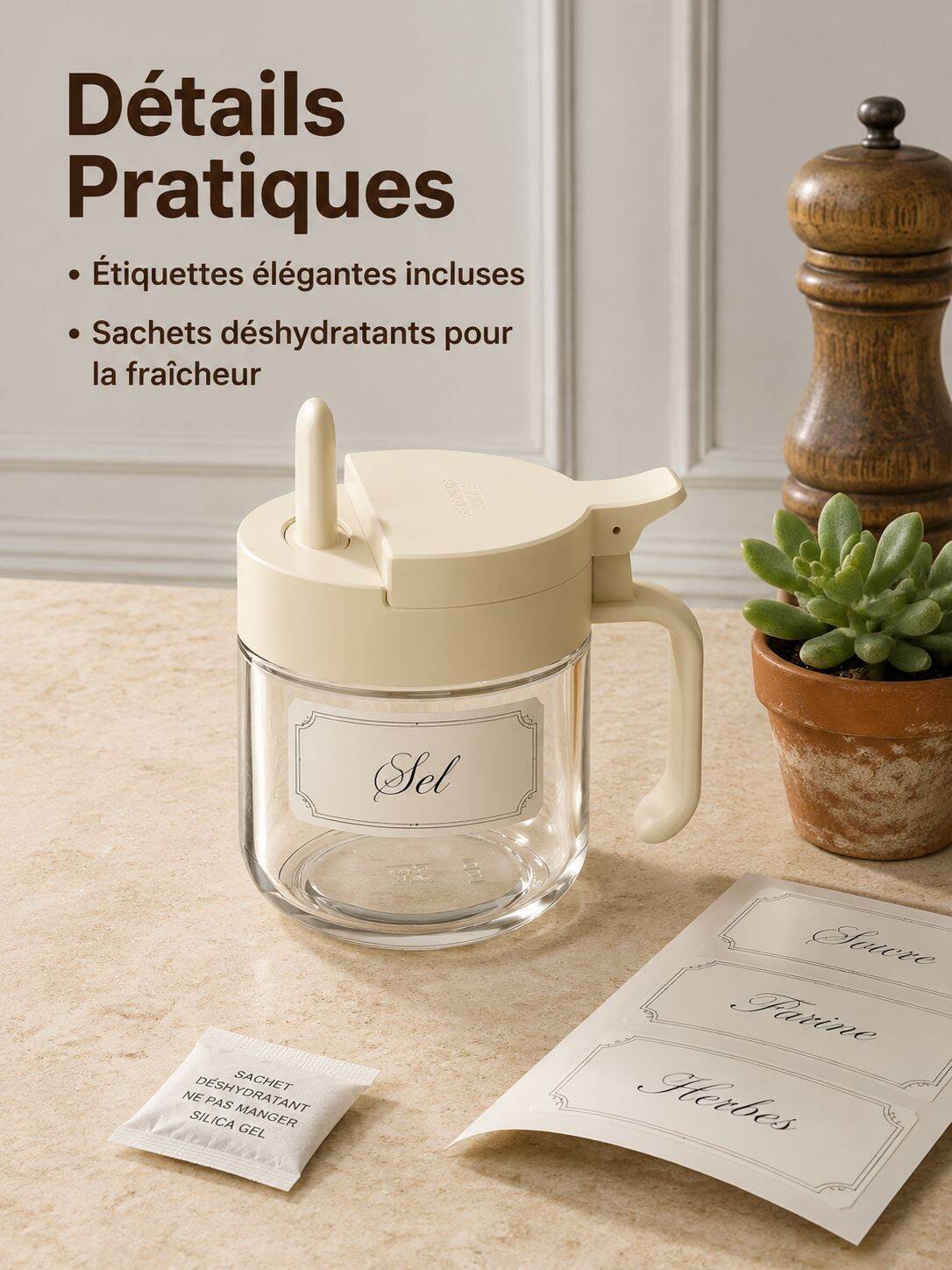 Bocal à condiments en verre compartimenté avec cuillère pour cuisine, boîte hermétique