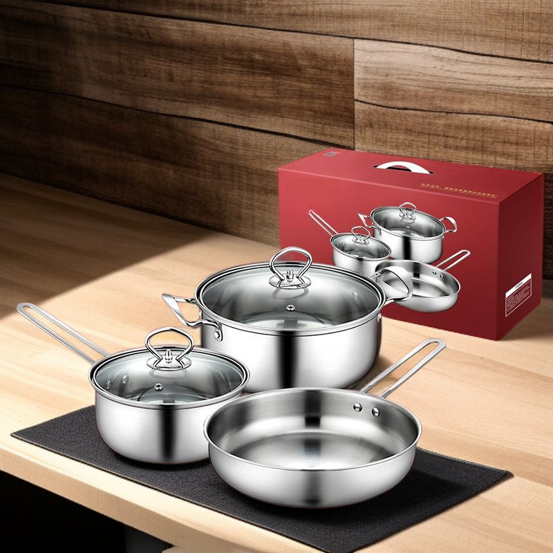 Stainless Steel Cookware Set - 3-Piece Kitchen Pots, Thickened Milk Pot & Frying Pan