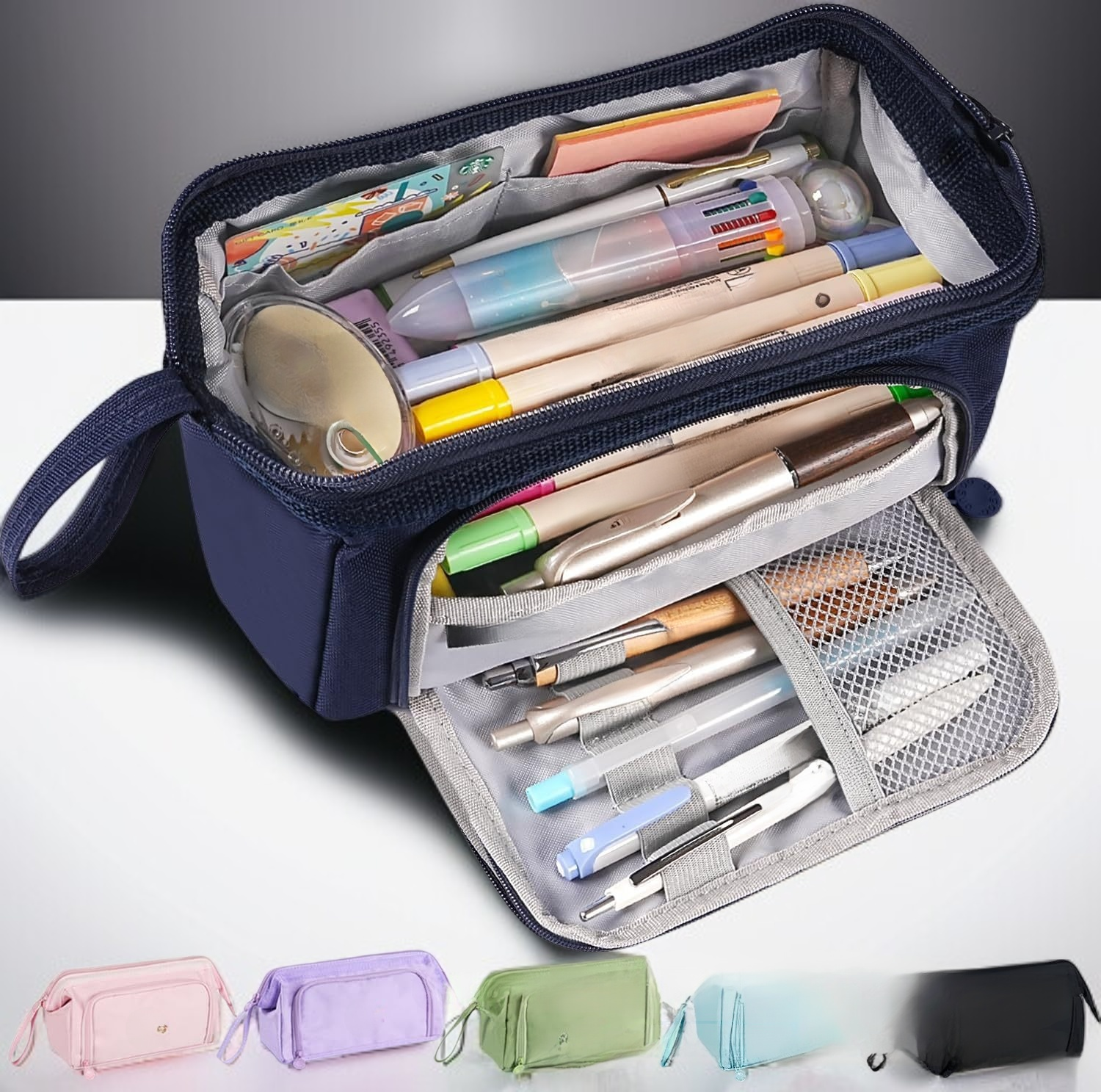 Open view of large capacity pencil case showing storage