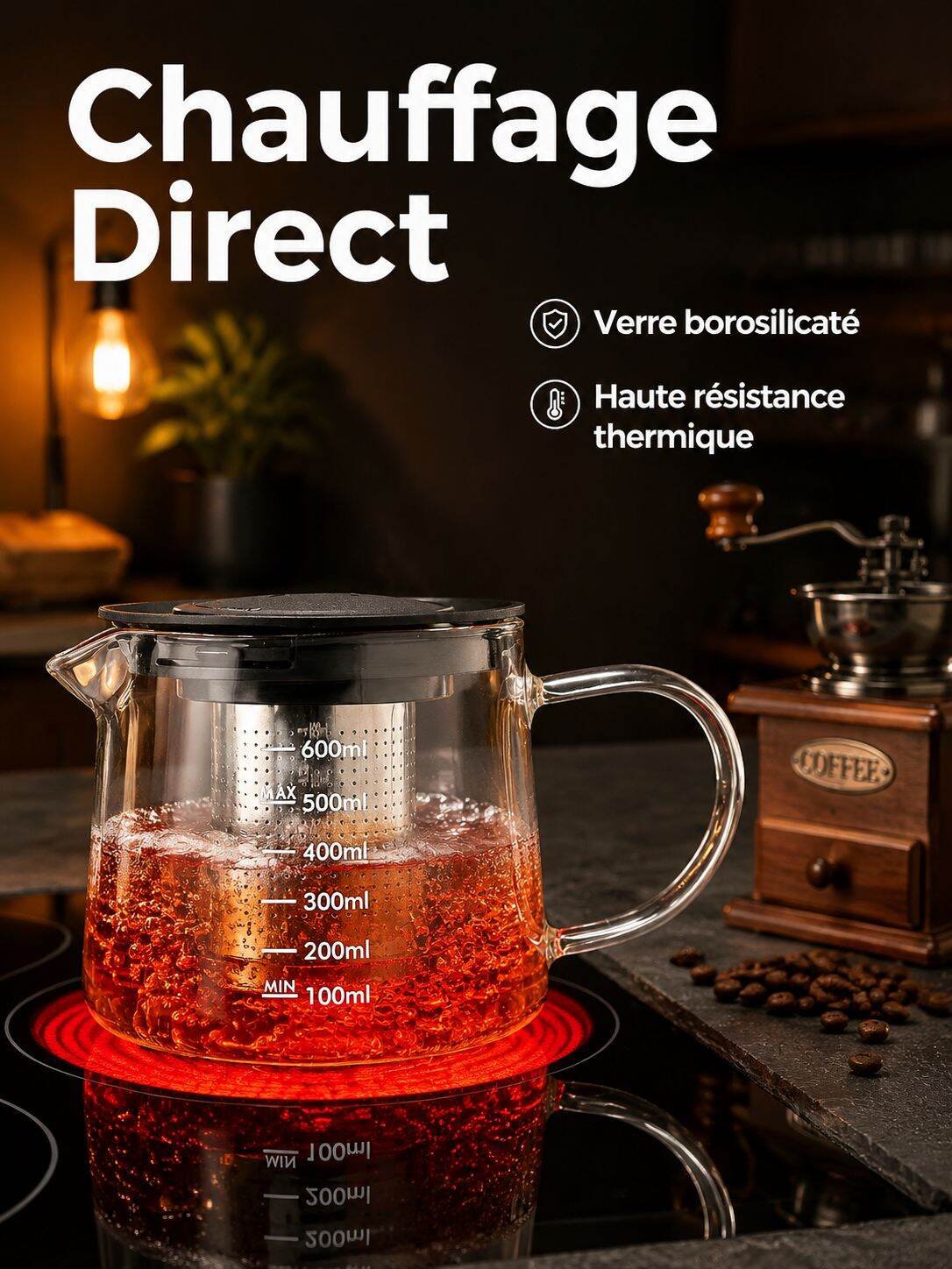 Grande cafetière en verre borosilicaté avec filtre en acier inoxydable