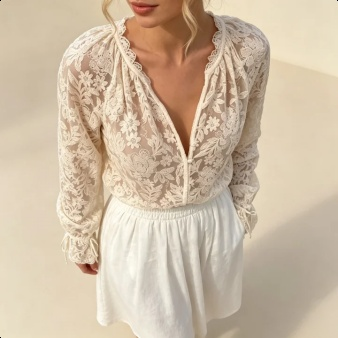 Elegante Damenbluse im europäischen Stil mit floraler Lochstickerei und Wellensaum