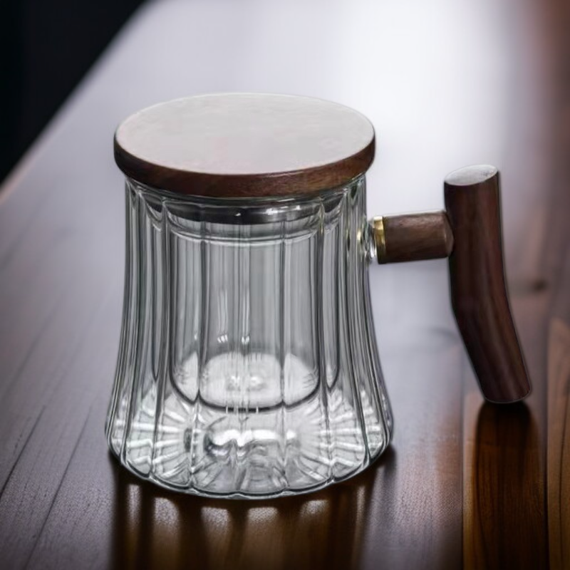  월넛우드 뚜껑과 필터가 있는 보로실리케이트 유리 티컵