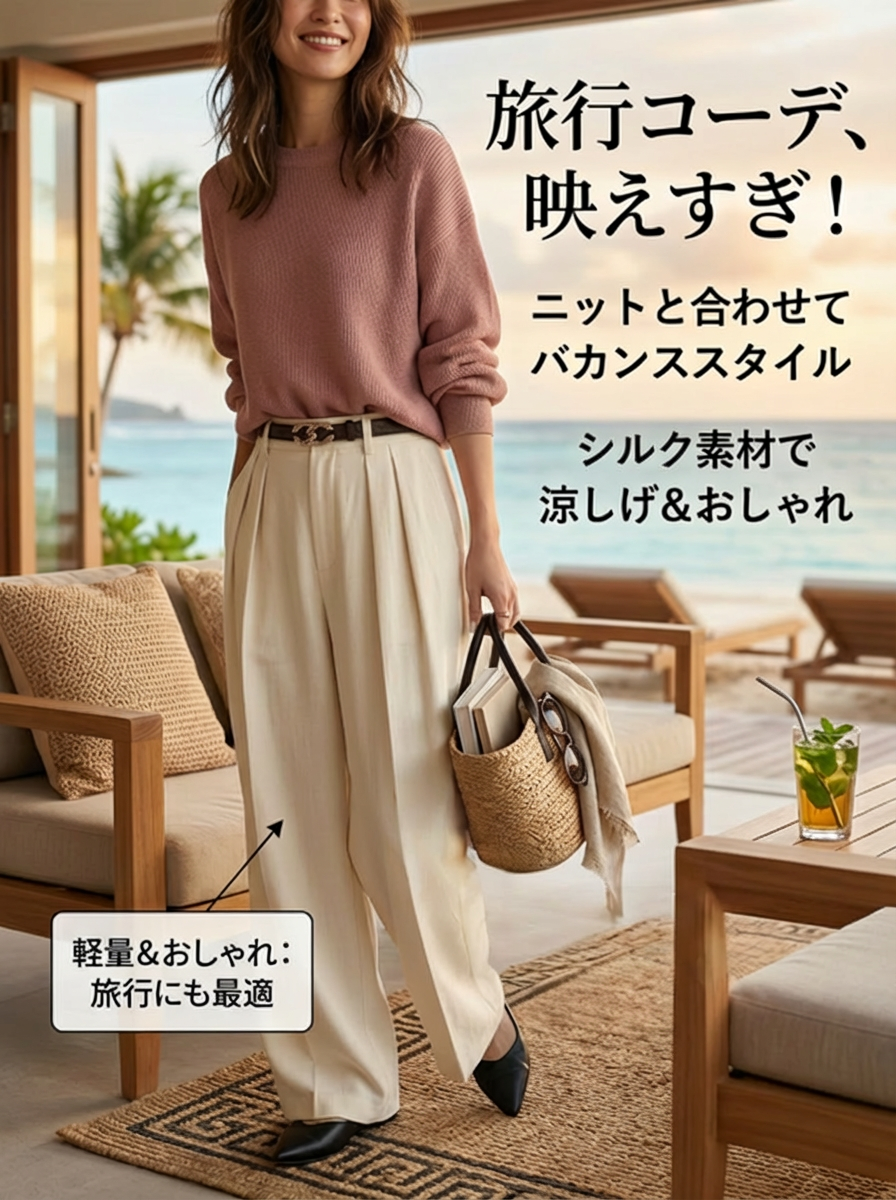 レディースツープリーツワイドスラックス