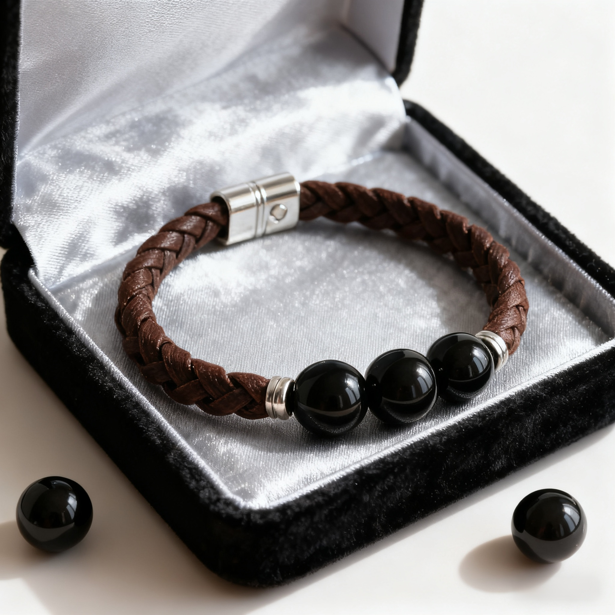 트렌디 흑요석 가죽 액세서리 팔찌