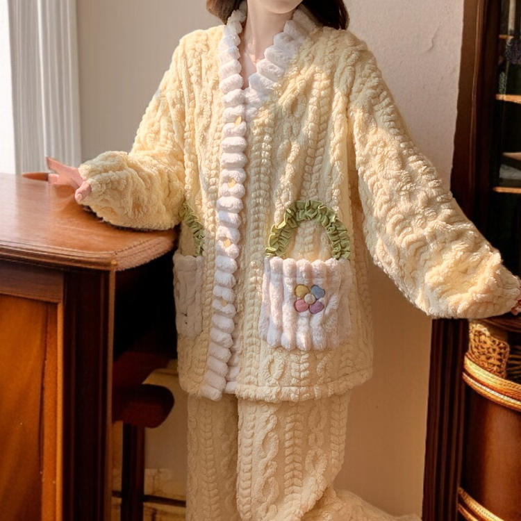 여성용 기모 두꺼운 잠옷 세트