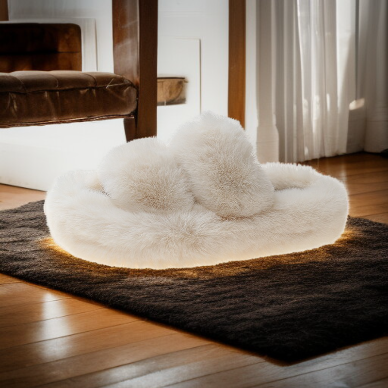 รองเท้าแตะขนเฟอร์สีลูกกวาด สไตล์เกาหลี สายคู่อัปเปอร์ เปิดหัว ใส่ในบ้าน พื้นหนา