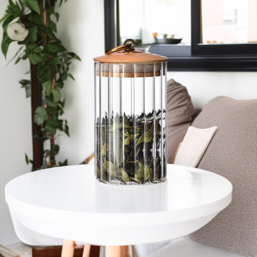 세로 줄무늬 유리 간식병 대나무 뚜껑 구리 링 밀폐 저장 용기