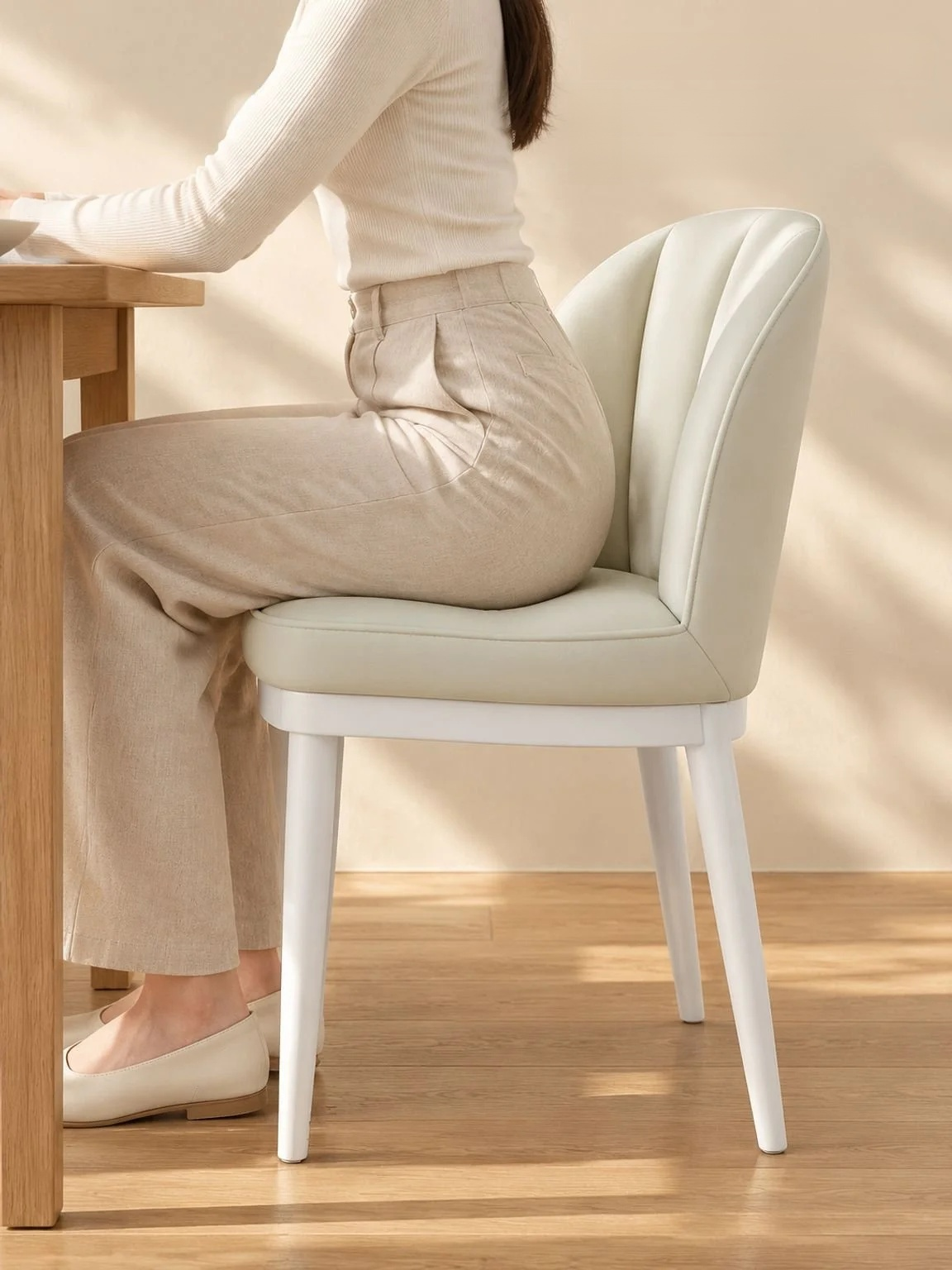 Close-up of the cream upholstery and minimalist design