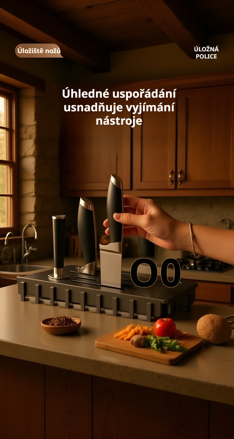 Detailní pohled na držák na nože a hůlky s úložným prostorem