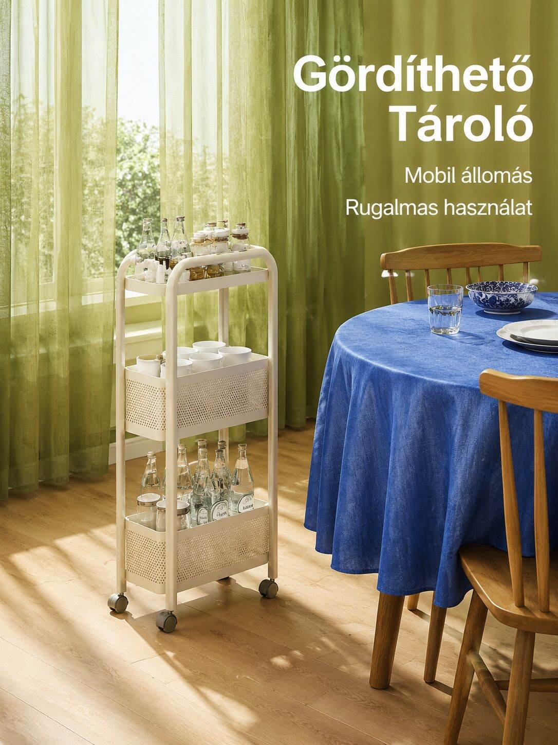 Konyhai többfunkciós hűtőszekrény melletti tárolószekrény gurulós kocsival