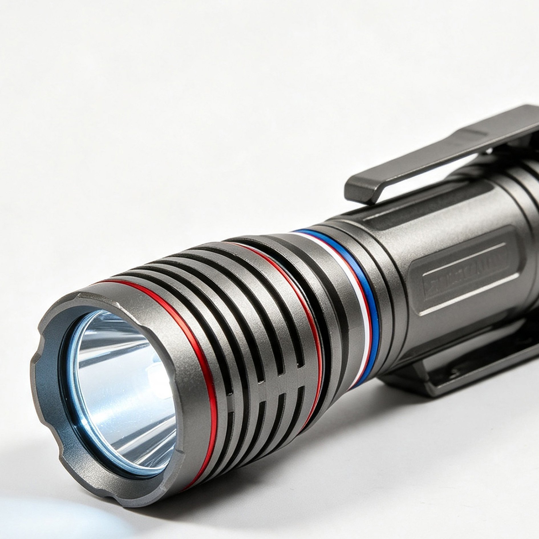 Tri-color ring high-powered flashlight front view