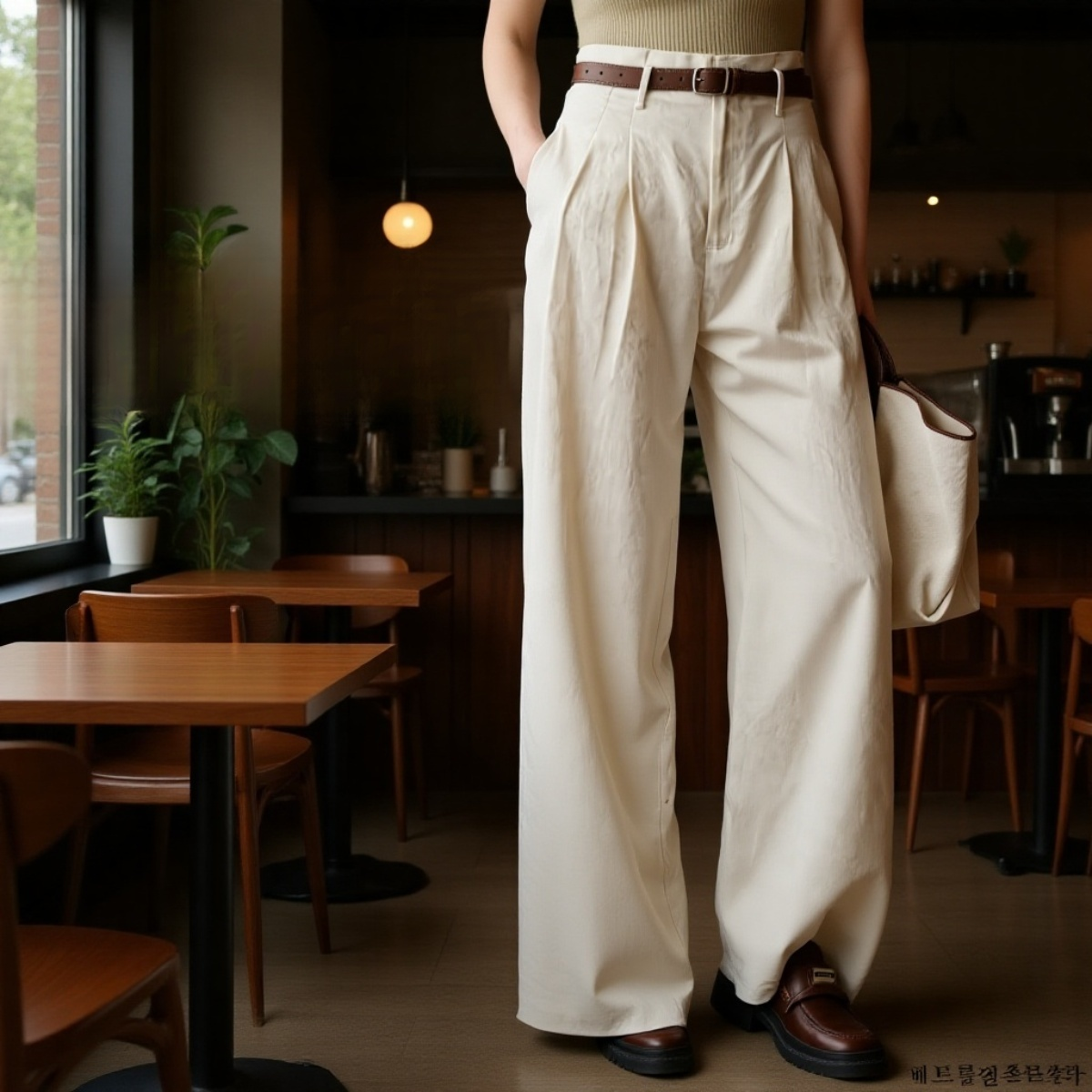 여성 통근 와이드 팬츠 정장바지 착용 이미지