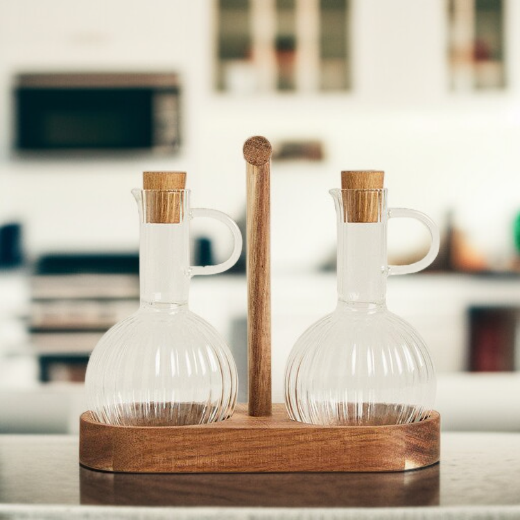 Oil Bottle with Wooden Stopper Kitchen Seasoning Striped Glass Vinegar Soy Sauce Pot