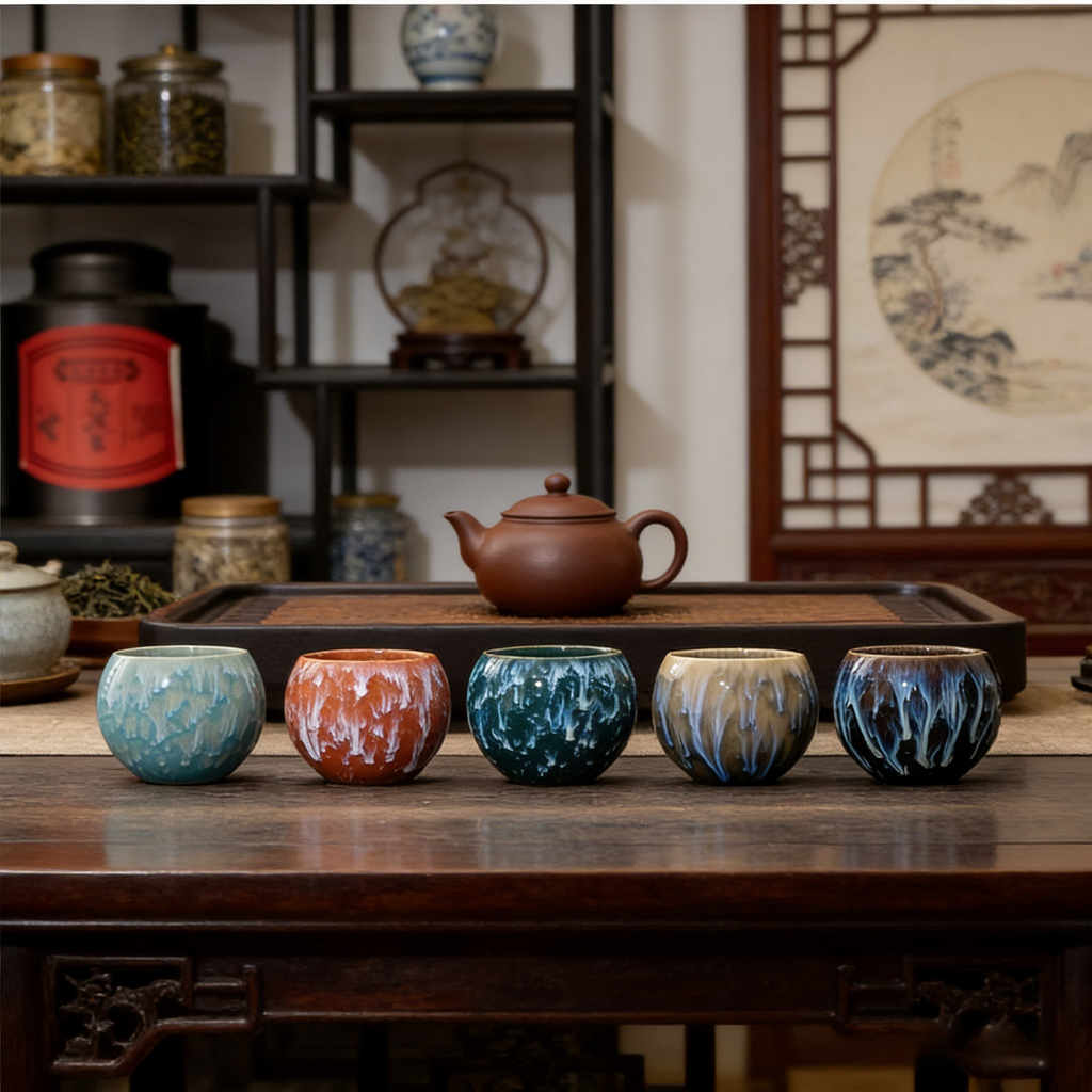 Keramik-Tee-Becher Set mit Yao-Bian Fünf-Elementen