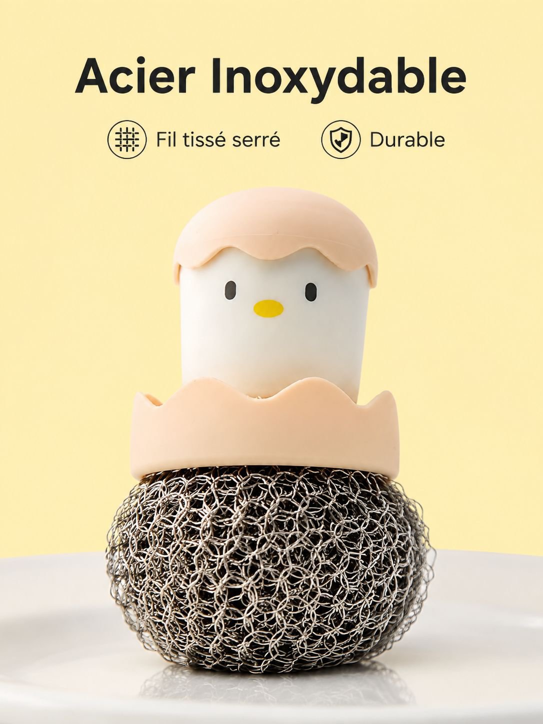 Brosse de cuisine en forme de coquille d'œuf, boule en acier inoxydable, ne s'effiloche pas