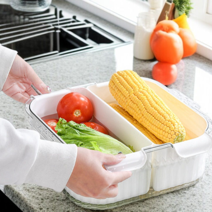 Home Kitchen Doppellagige Obst und Gemüsewaschschüssel Kompartimentierte Abtropfkorbplatte Gemüsekor