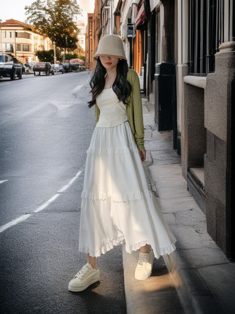 白色高腰蛋糕裙