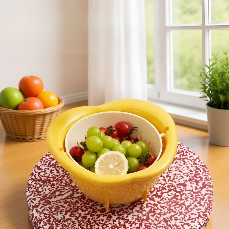 سلة غسيل وتجفيف خضراوات دوارة مزدوجة الطبقات على شكل فاكهة