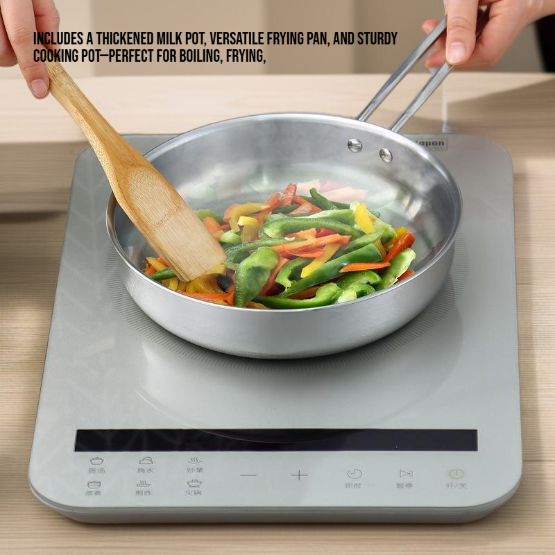 Stainless Steel Cookware Set - 3-Piece Kitchen Pots, Thickened Milk Pot & Frying Pan