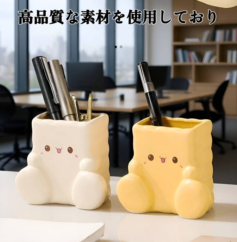 漫画風デザインのデスクトップクッキーペンホルダー正面写真