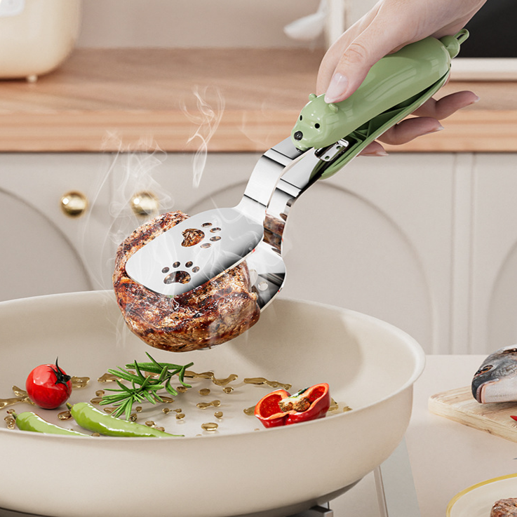 Pinza y espátula 2 en 1 de acero inoxidable, portátil, antideslizante, para cocina y parrilla