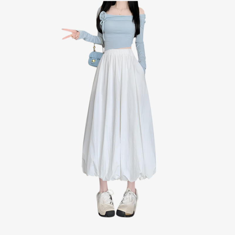 春夏秋新作レディースワーク風バルーンロングスカート、パラシュート素材、ポケット・ゴムウエスト付き、体型カバー、M～2XL