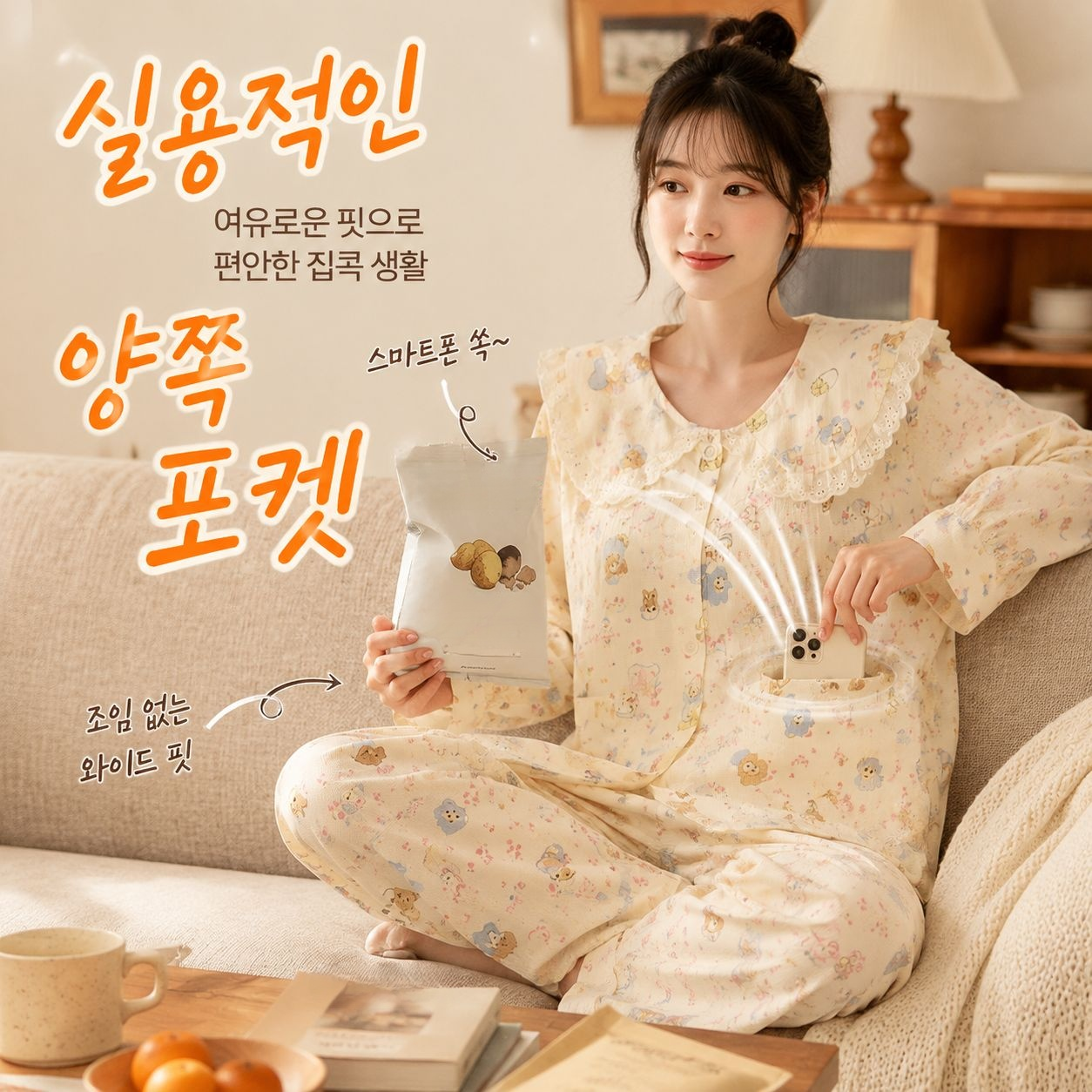 귀여운 레이스 구름 긴팔 잠옷 세트