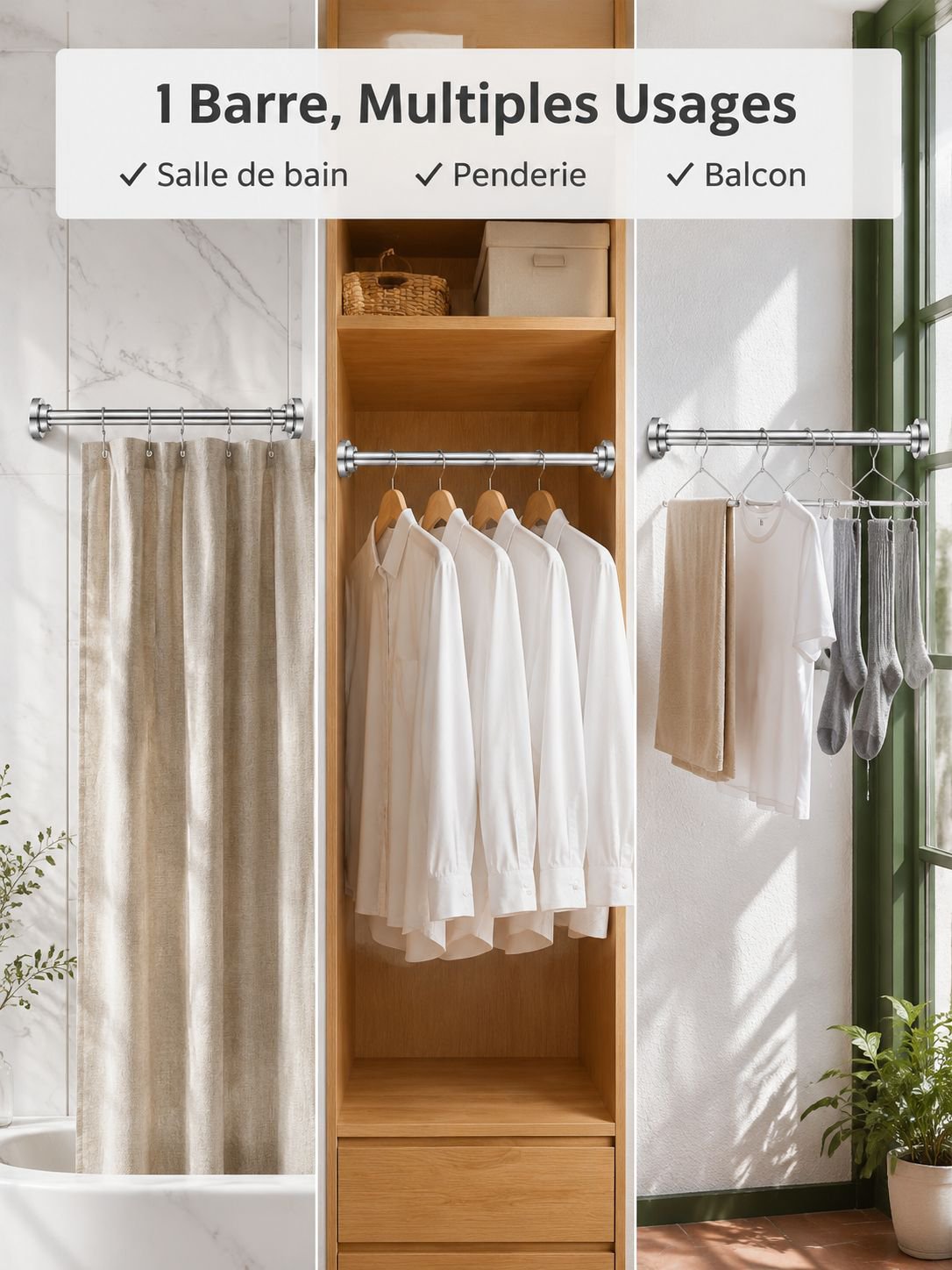 Barre de séchage à linge télescopique en acier inoxydable sans perçage, barre de rideau de douche, b