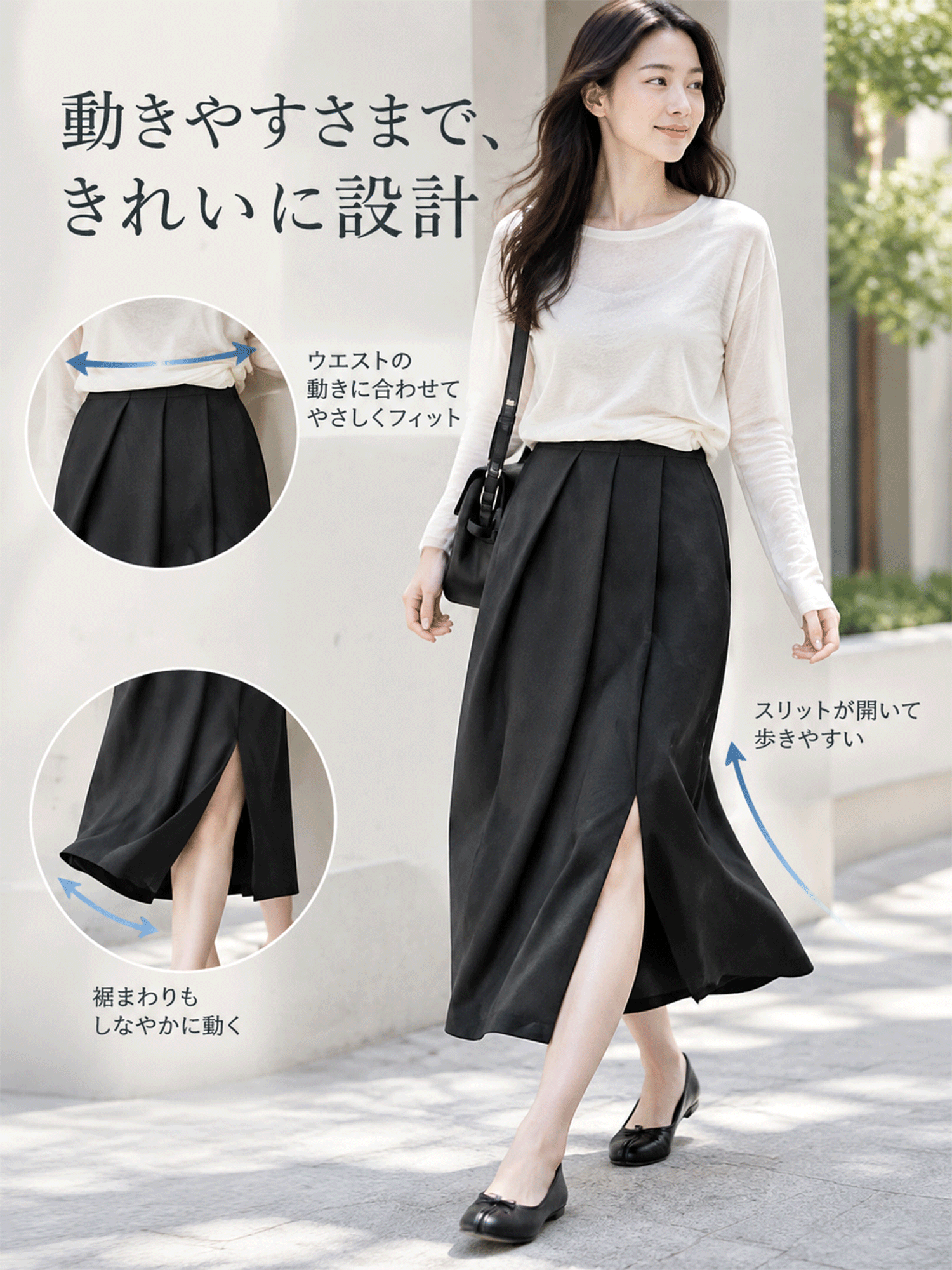 【体型カバー】Monolly 花蕾風スリットスカート | お腹すっきり・シワ防止・歩きやすい