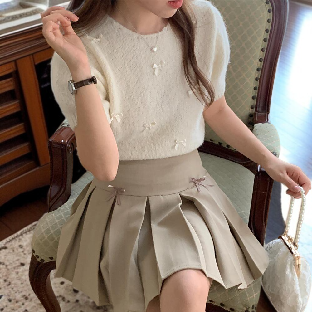 여성 풀오버 입체 니트 리본 장식 퍼프 니트