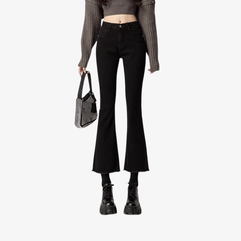 秋の女性用の黒のわずかにフレアのイミテーションジーンズ、小柄な人向けの韓国バージョン、ハイウエスト、スリムな89ポイント、多用途のカジュアルベルボトムパンツ