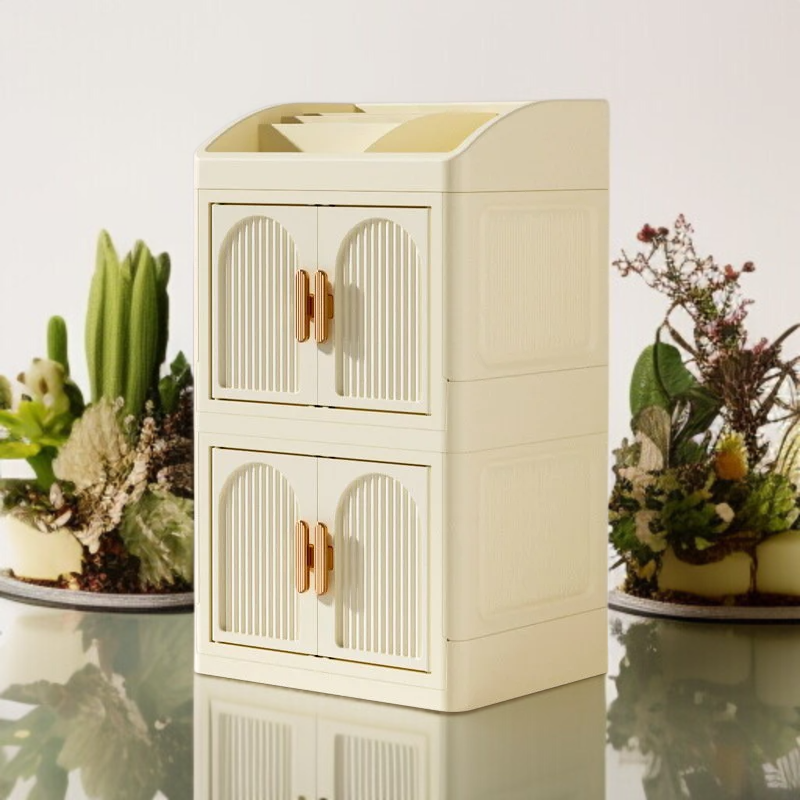 가정용 탁상 접이식 수납함 다용도 플라스틱 수납장 더블 도어 화장품 수납함 방진 레이어드 수납함