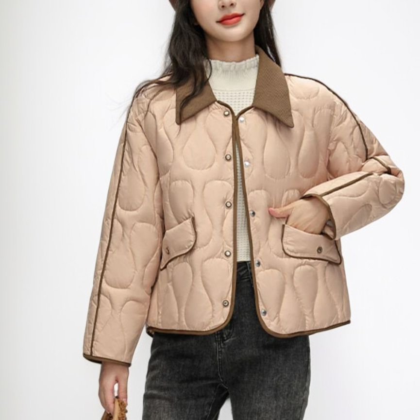 ショート丈、襟付き、カラーブロック、軽量ダウンジャケット