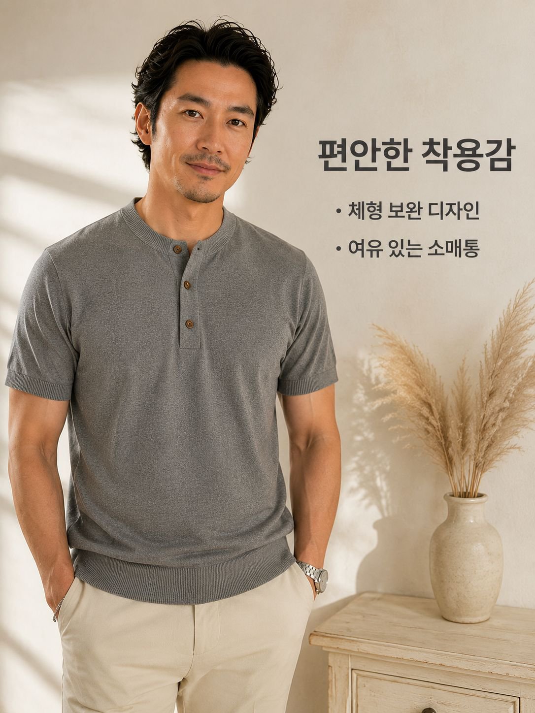 남성 헨리넥 캐주얼 반팔 티셔츠 전면 이미지