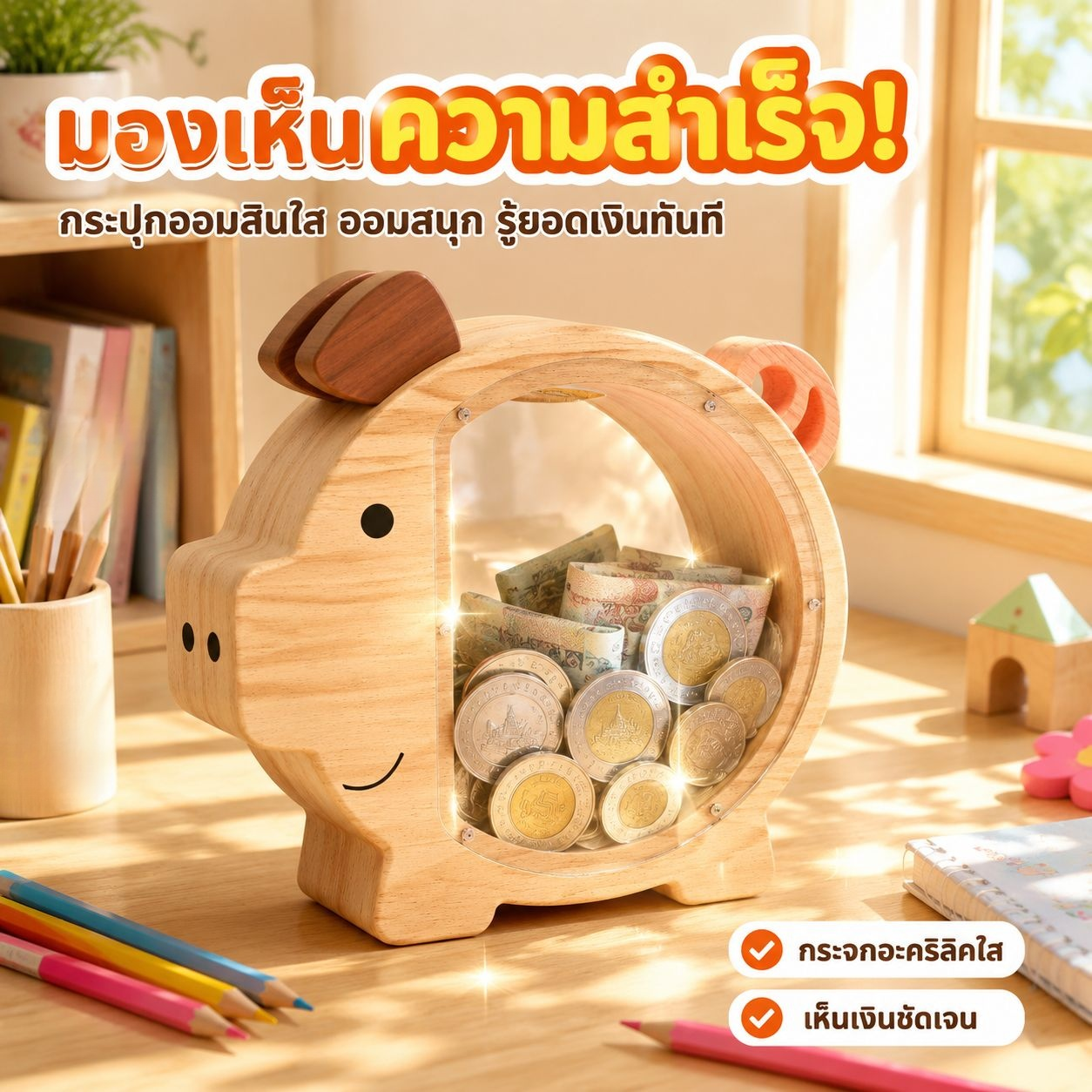 กระปุกออมสินไม้ใส ตกแต่งบ้าน รูปหมู
