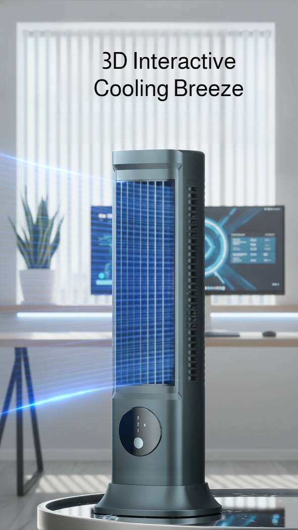 Bladeless desktop tower fan on office desk