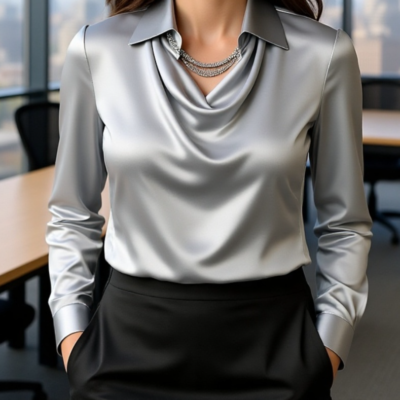 قميص نسائي بسيط بأكمام طويلة وياقة منحنية مع ثنيات