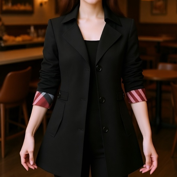 シンプルな女性の薄いコート、スタイリッシュでスリム