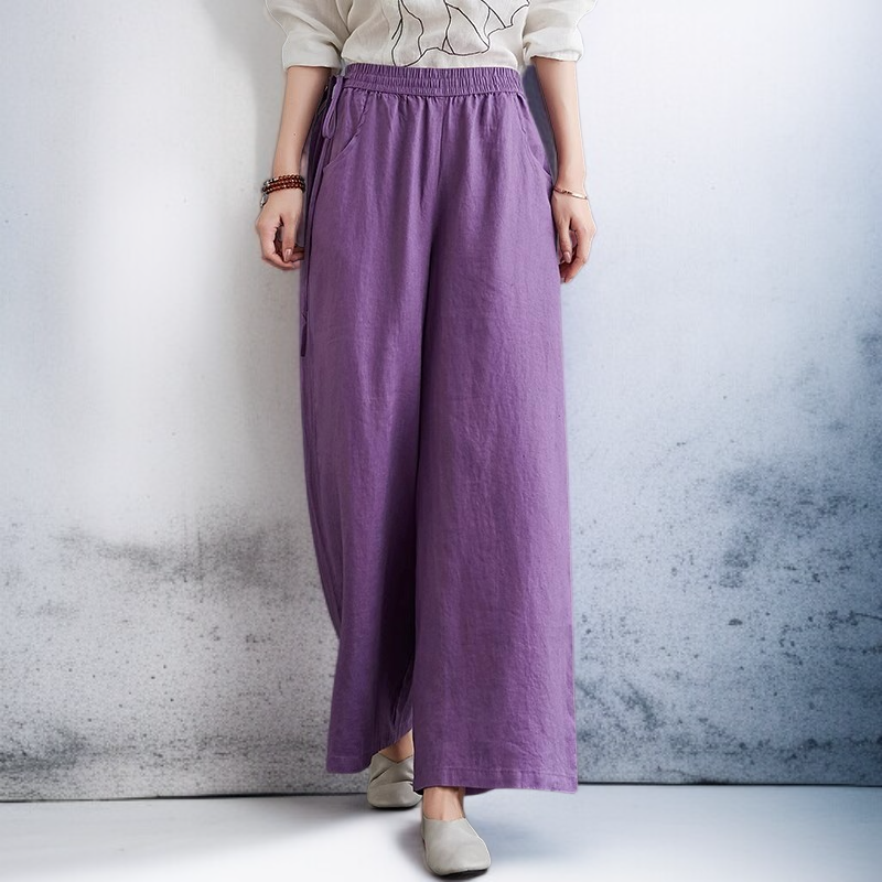 女性用ハイウエスト、ドレープ入りコットンリネンパンツ