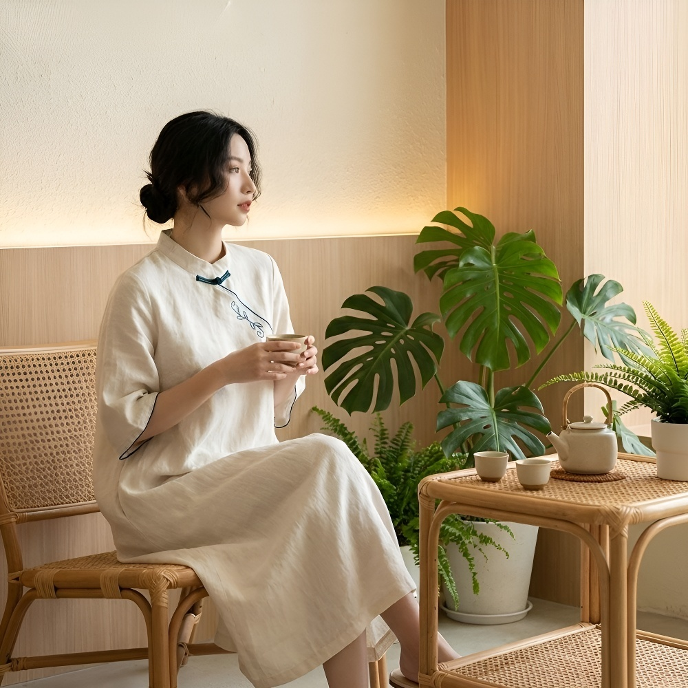 白 ゆったり綿麻チャイナドレス レディース 若者向け 改良型ロングローブ