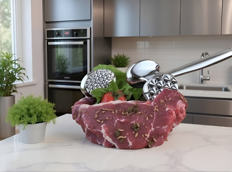 스테이크 연육기와 신선한 고기 재료