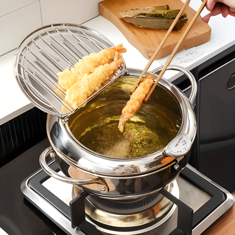 Fritteuse aus Edelstahl 304 mit Ölthermometer und Abtropfgestell