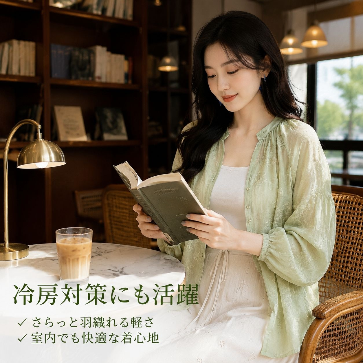 フレンチグリーン花柄刺繍バルーンスリーブトップス レディース
