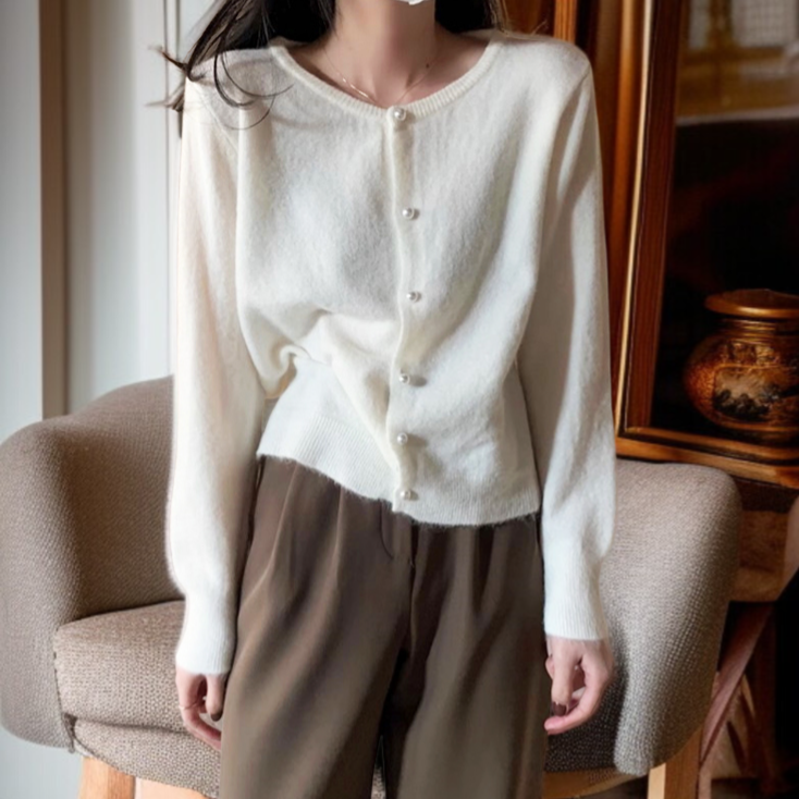 여성 니트 가디건 긴팔 솔리드 상의 진주 버클 여성 봄가을 라운드 니트 가디건 부드러운 니트 코트