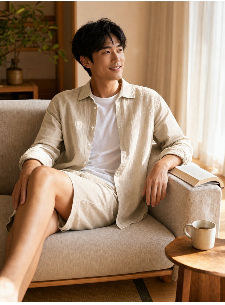 メンズリネン長袖シャツ+ショートパンツセットアップ - detail 26
