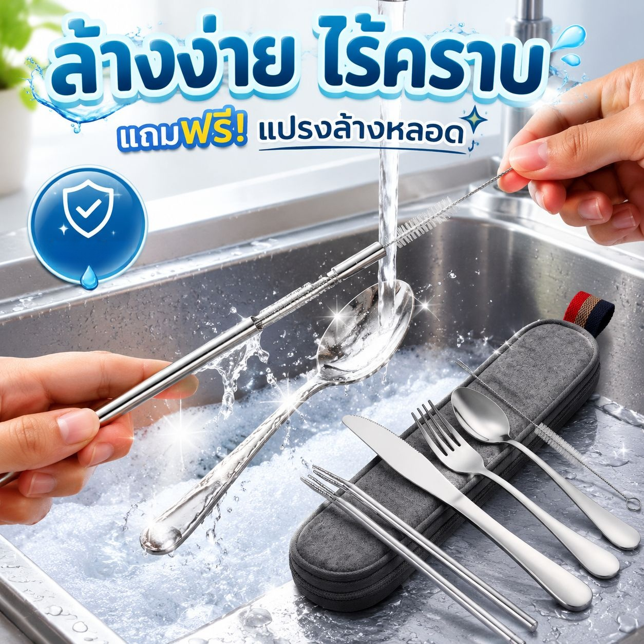 ชุดตะเกียบและหลอดดูดน้ำสแตนเลสแบบพกพา