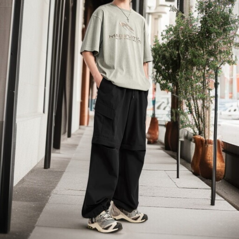 남성 아웃도어 캐주얼 팬츠 멀티 포켓 탈부착 체크 카고 바지 와이드 텍스처 캐주얼 팬츠